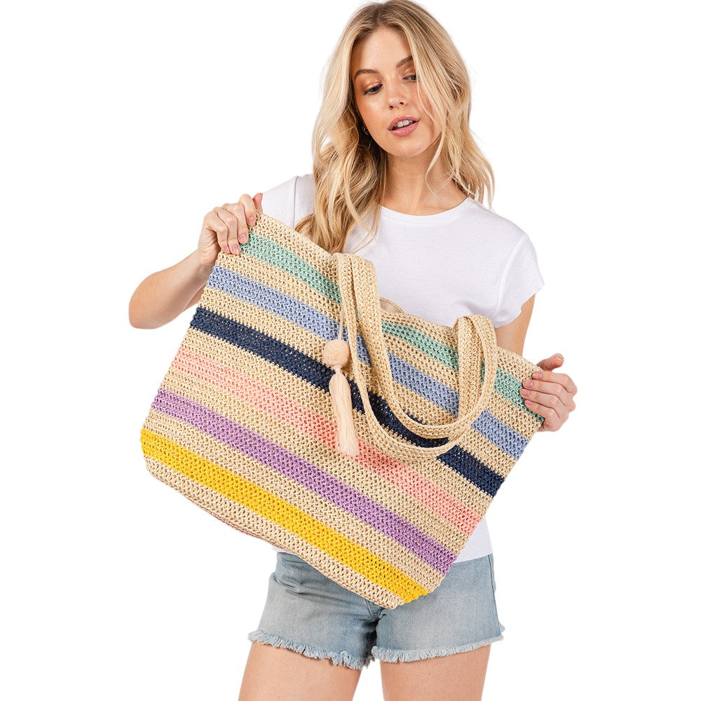 Women's Pom Tassel Multi Color Striped Straw Crochet Tote Bag