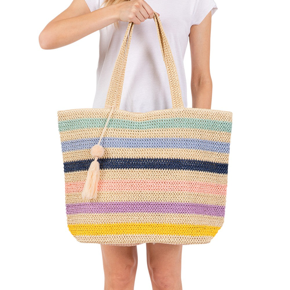 Women's Pom Tassel Multi Color Striped Straw Crochet Tote Bag