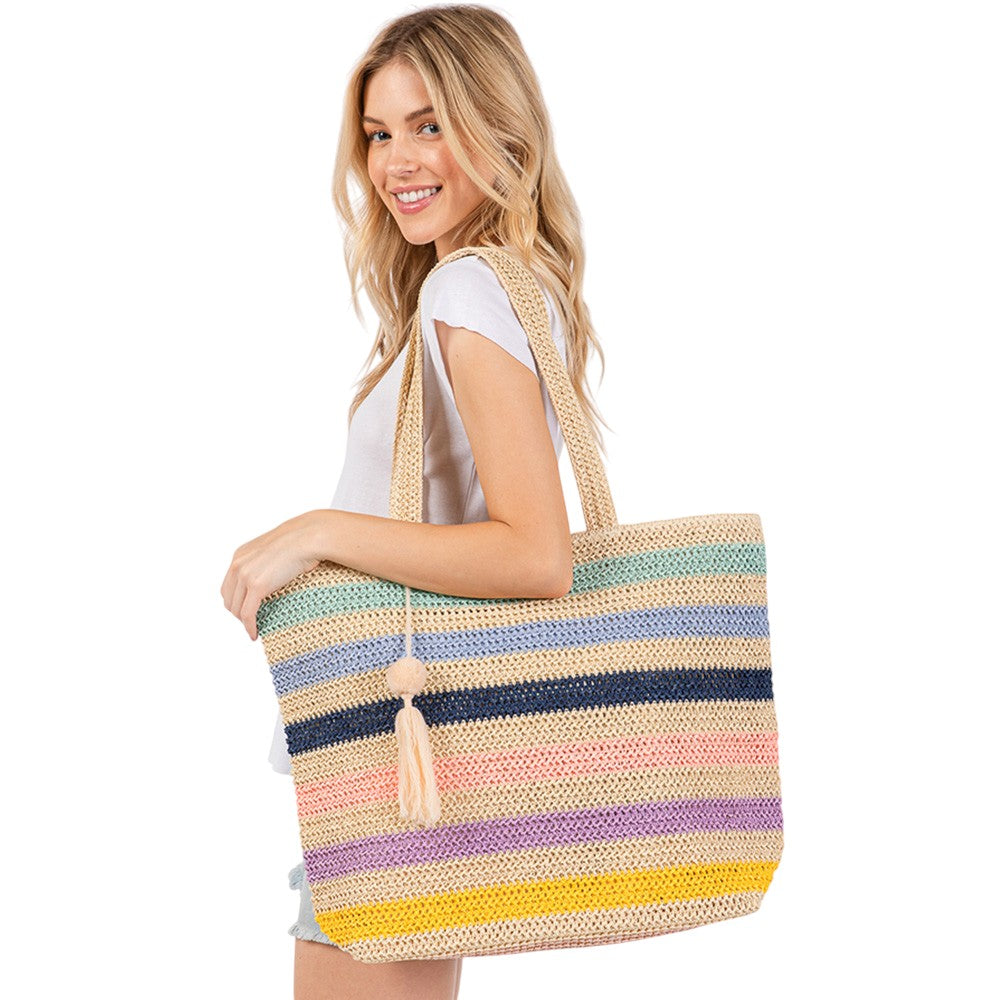 Women's Pom Tassel Multi Color Striped Straw Crochet Tote Bag