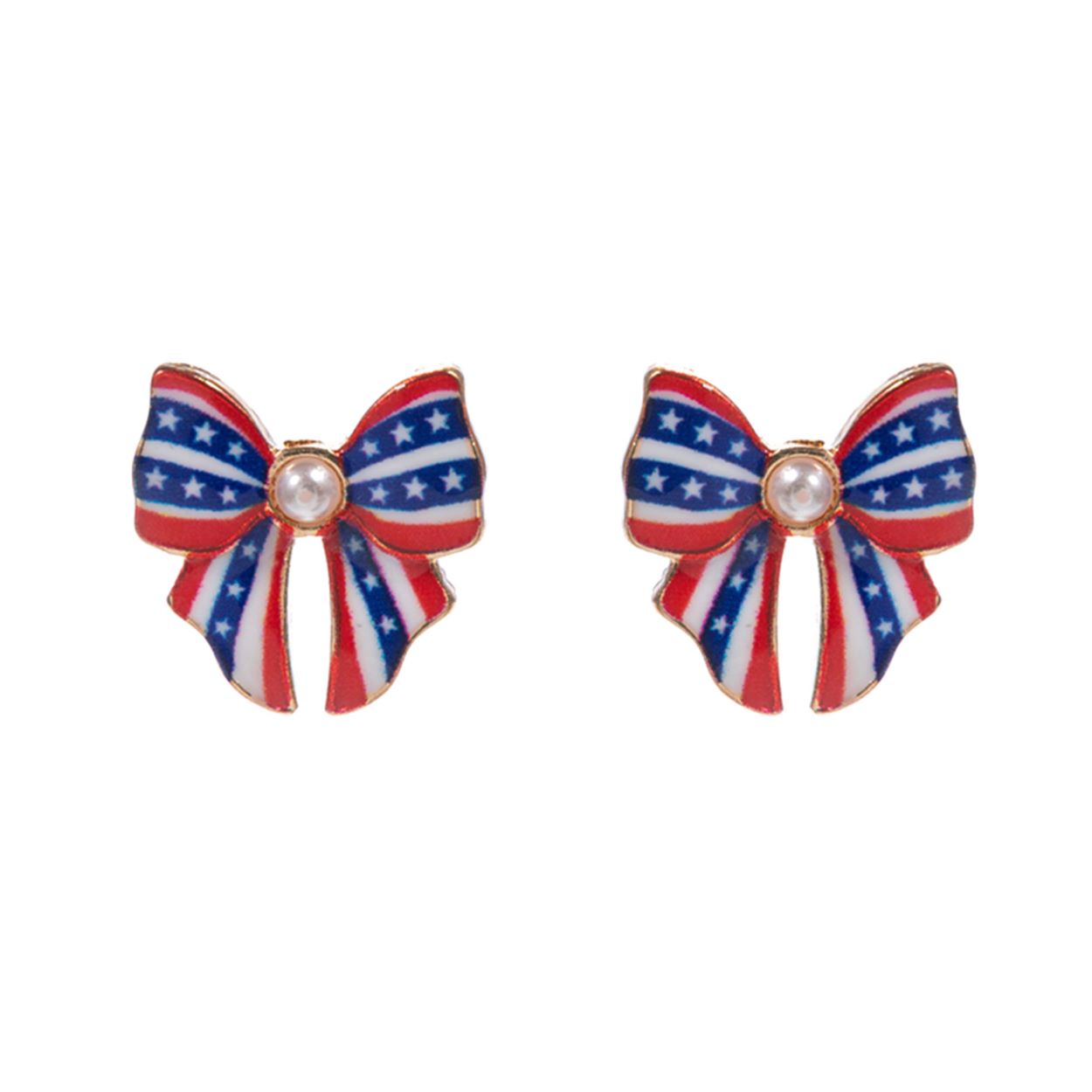Patriotic Pearl Pointed Enamel American USA Flag Bow Stud Earrings