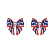 Patriotic Pearl Pointed Enamel American USA Flag Bow Stud Earrings