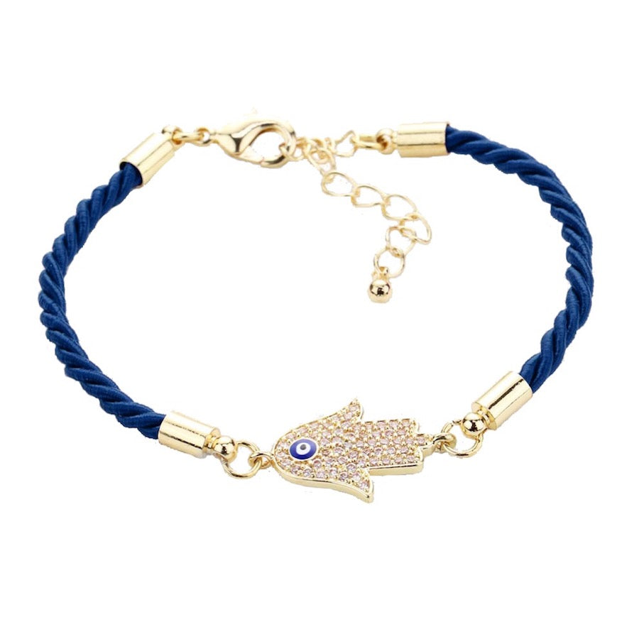 Rhinestone Embellished Detailed Hamsa Hand Enamel Evil Eye Adjustable Charm Bracelet