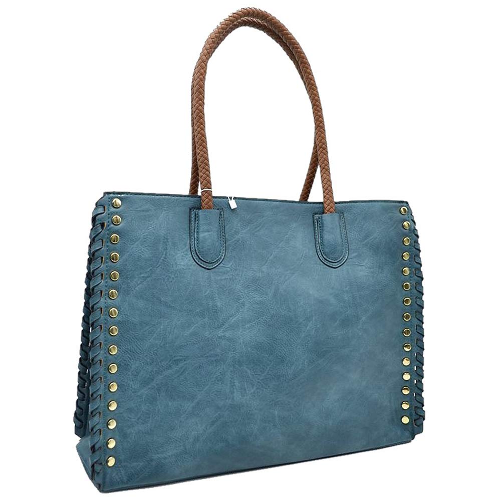 Women's Studded Faux Leather Whipstitch Shoulder Bag Tote
