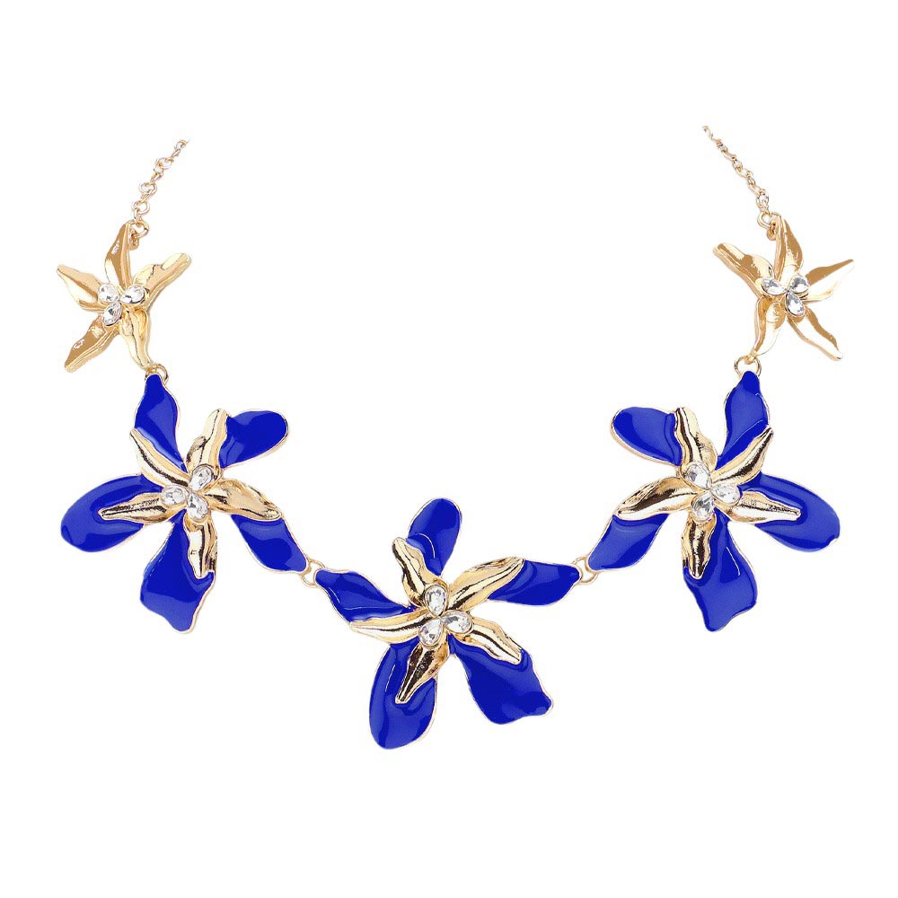 Teardrop Stone Pointed Enamel Flower Link Necklace