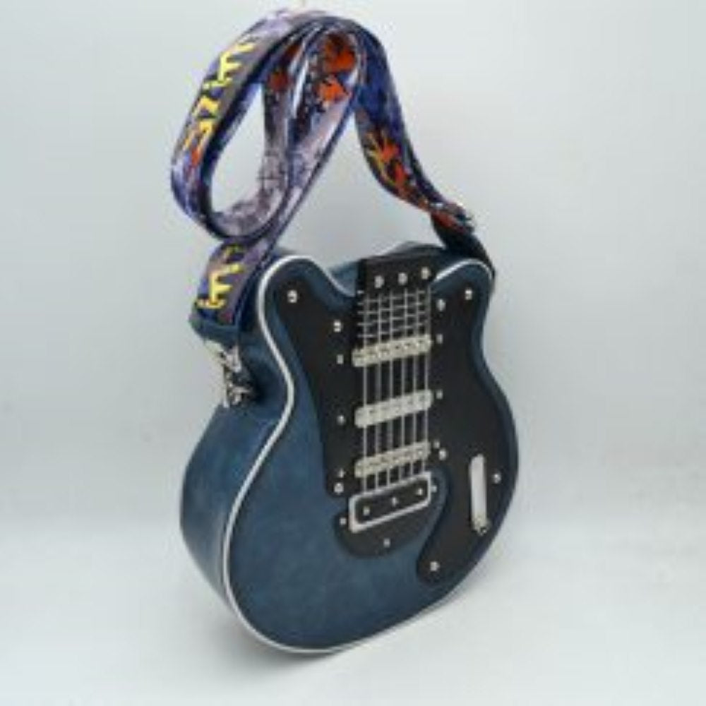 Guitar Shaped Novelty Crossbody Bag with Printed Fabric Strap