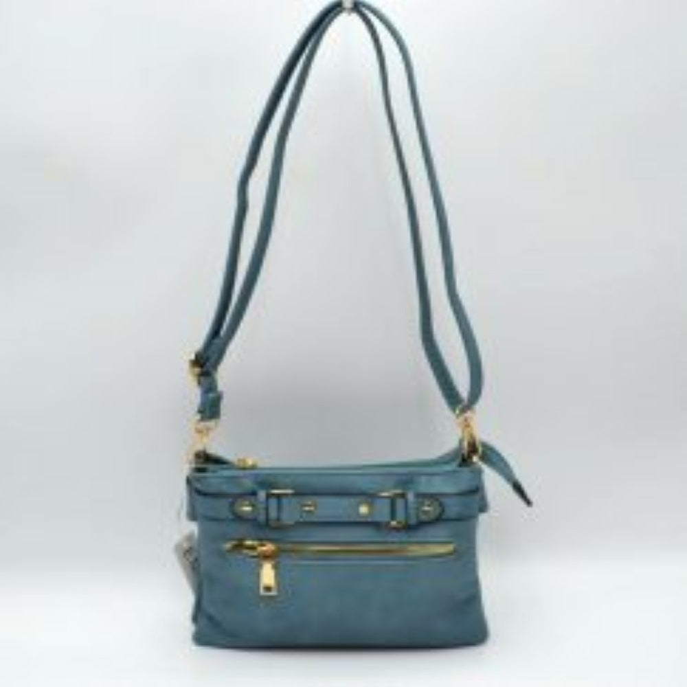 Multi-Zipper Crossbody Bag with Adjustable Strap and Gold Hardware