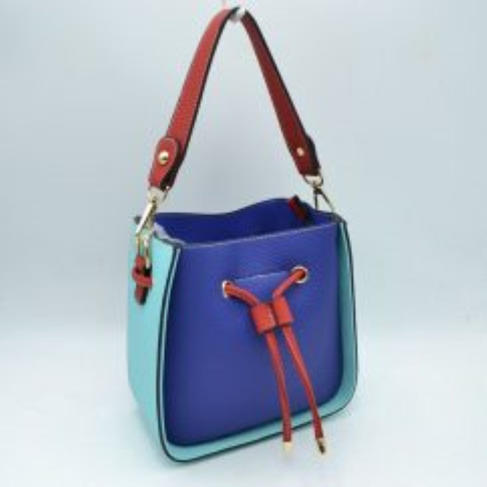 Color-Block Drawstring Bucket Bag with Multi-Strap Options