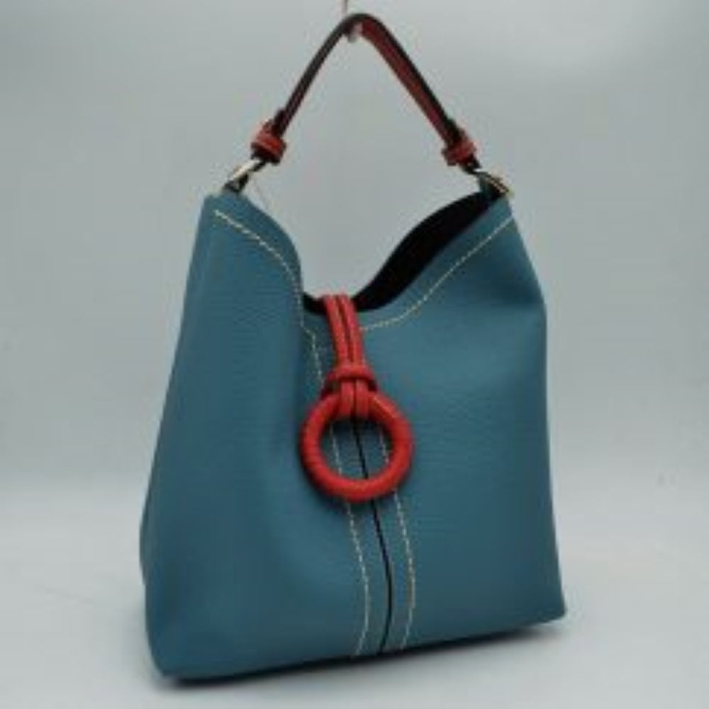 Pebbled Bucket Bag with Contrast Ring Accent and Top Handle