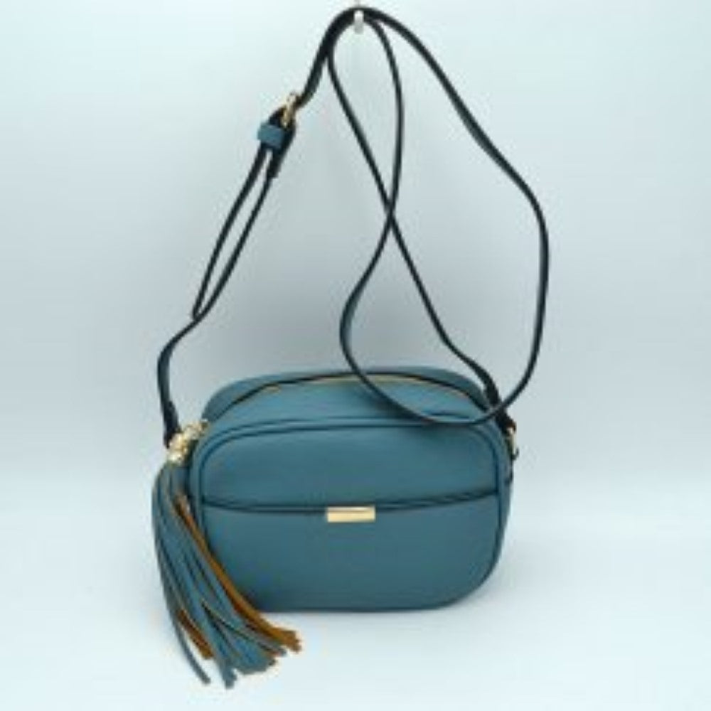 Pebbled Camera Crossbody Bag with Large Statement Tassel Accent