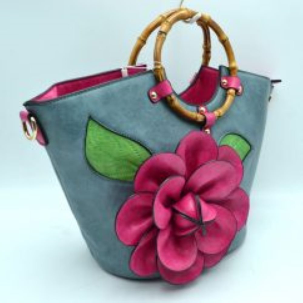 Floral Applique Tote Bag with Segmented Round Top Handles