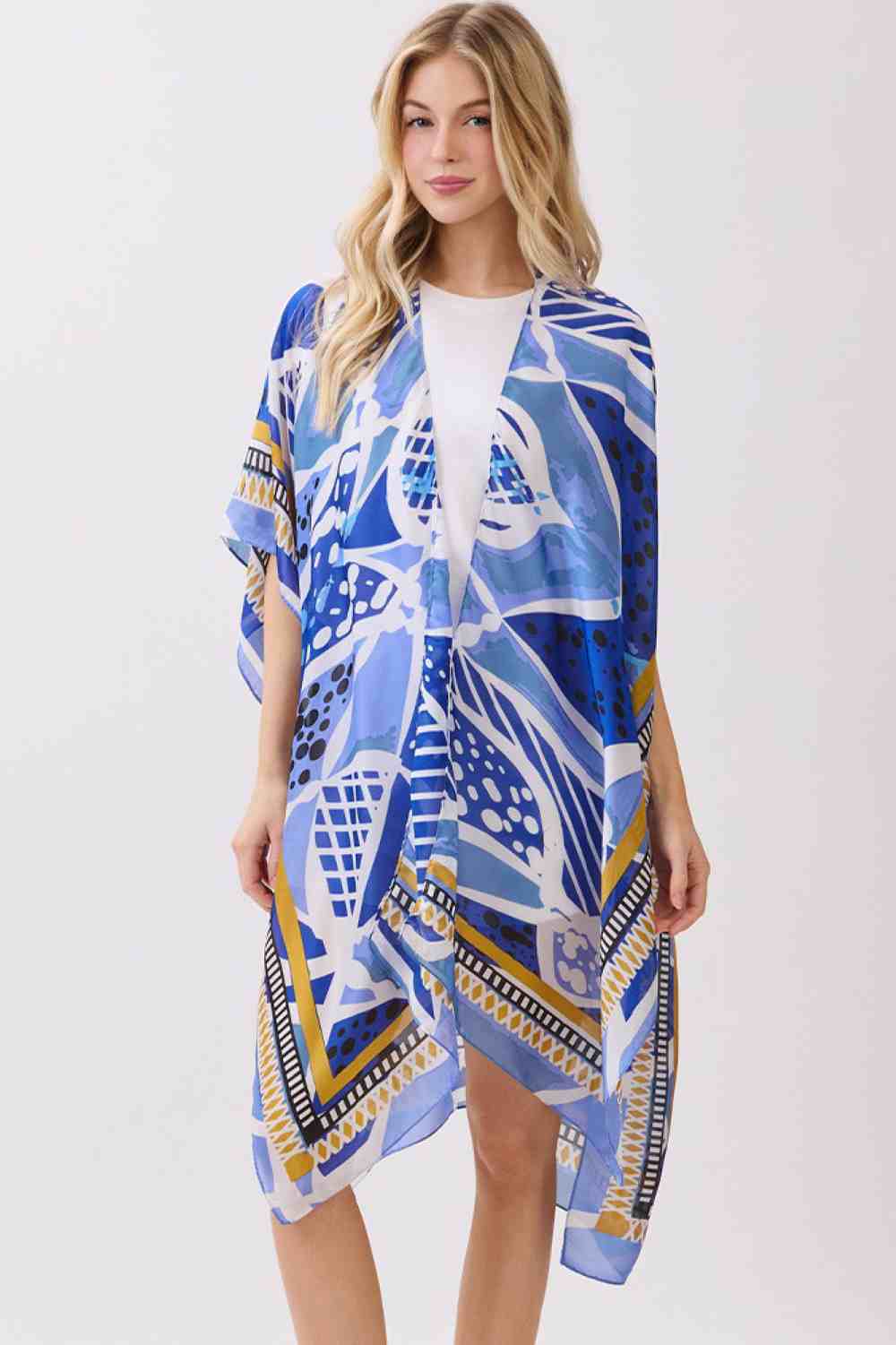 Abstract Botanical Print and Pattern Edge Silky Feel Kimono
