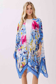 Abstract Floral Print and Solid Color Edge Silky Feel Kimono