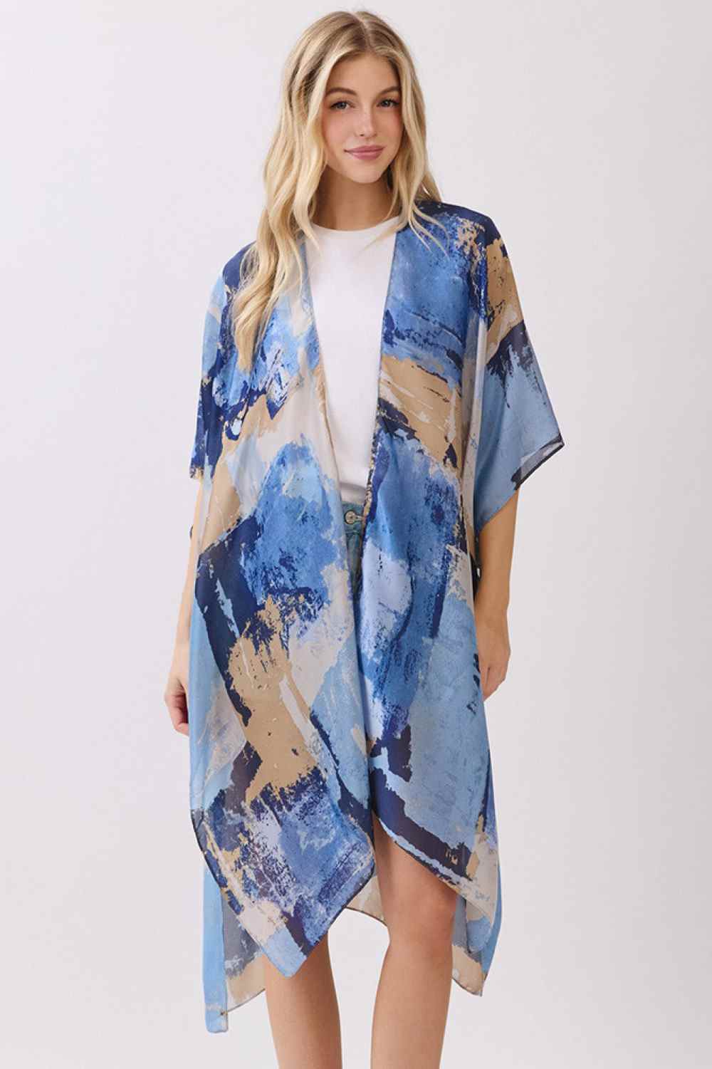 Abstract Modern Art-Inspired Print Silky Feel Kimono