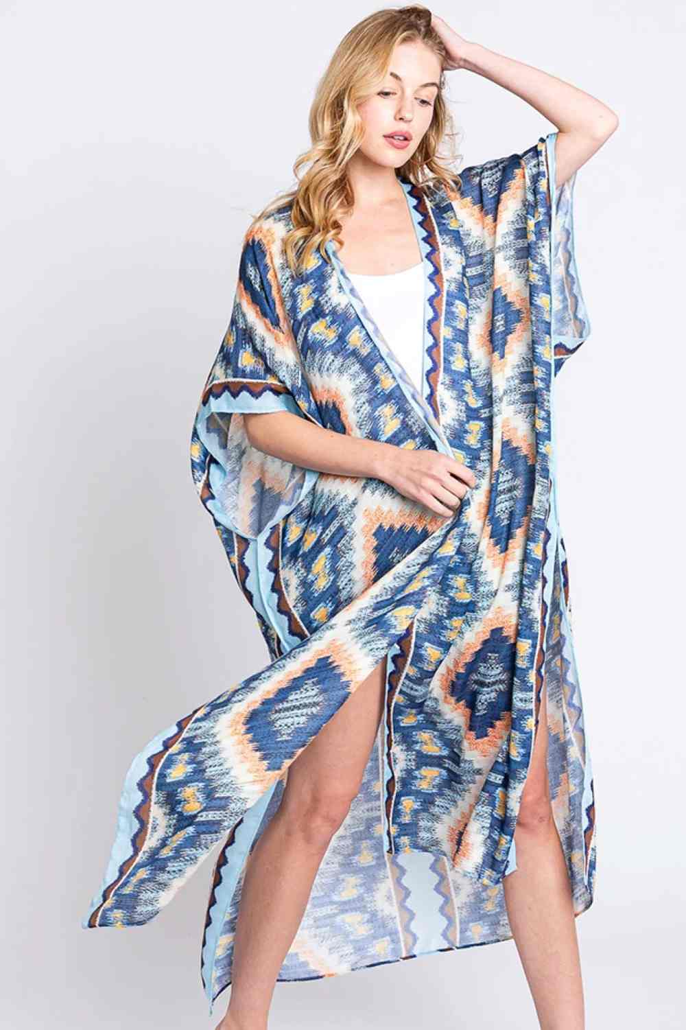 Aztec Print Open Front Long Kimono