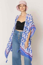 Charm Tile Print Stripe Edge Tassel Kimono