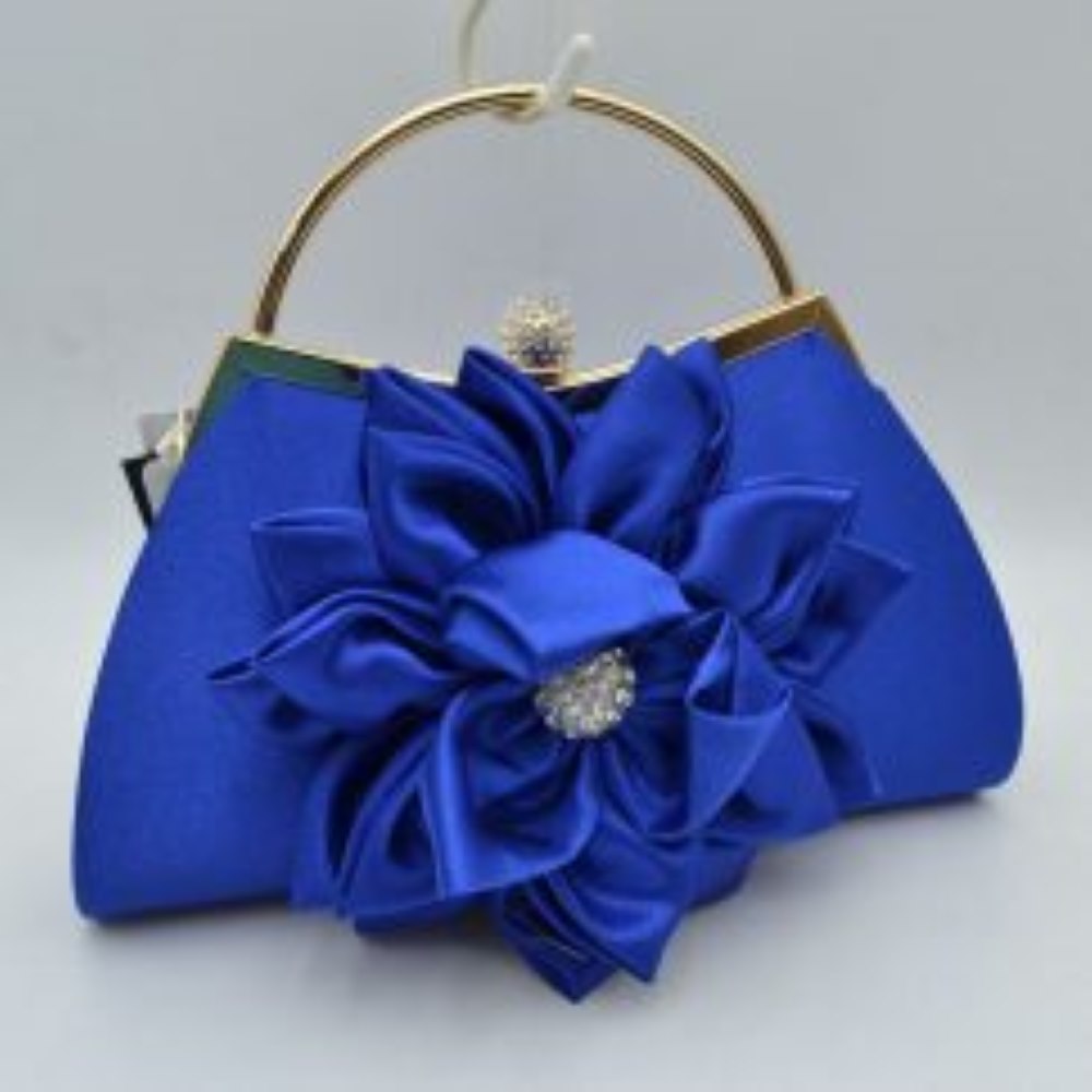 Evening Clutch Bag with Large Fabric Flower and Metal Top Handle