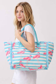 Flamingo with Stripes Fringe Medium Tote Bag