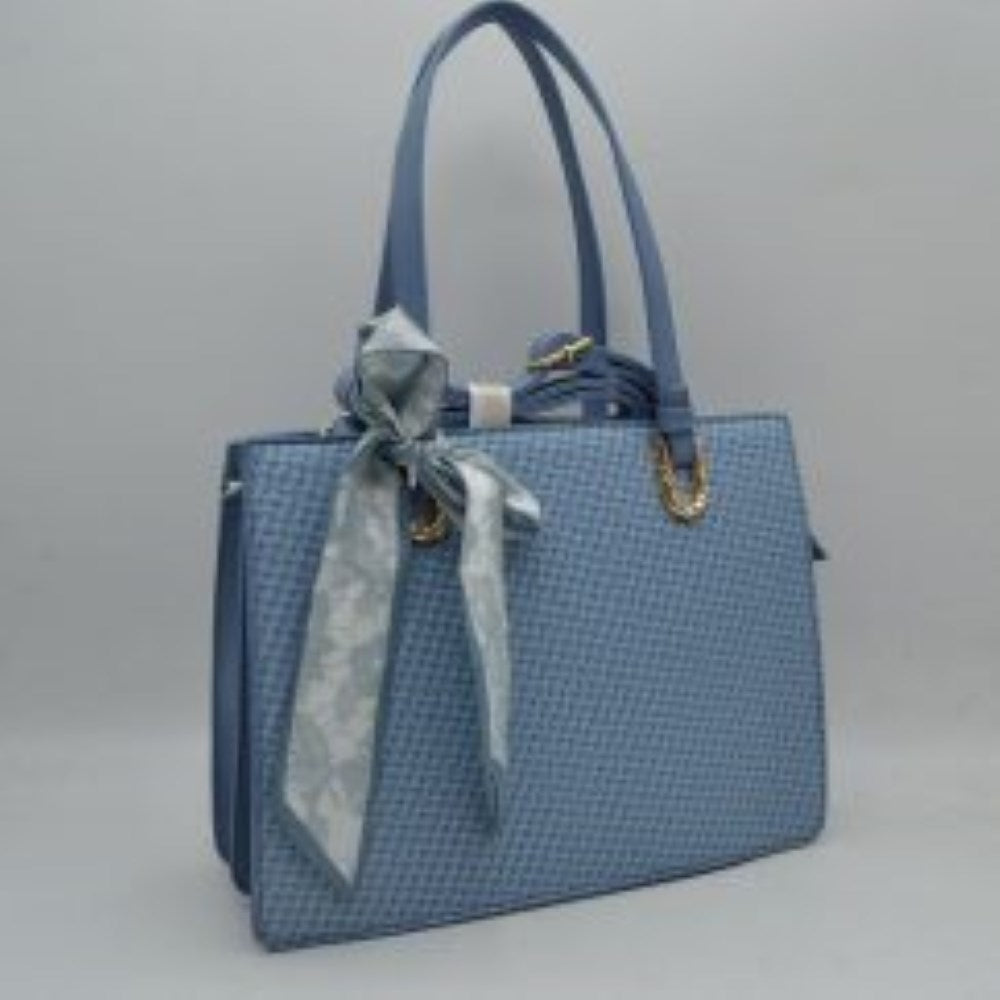Woven Straw Satchel Bag with Detachable Shoulder Strap and Decorative Scarf Accent