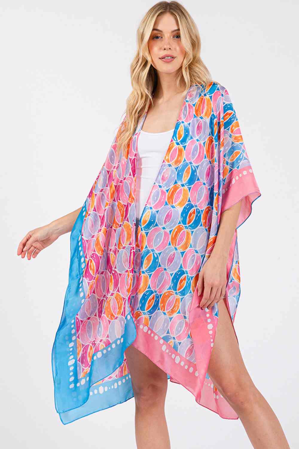 Two Tones Trim Abstract Pattern Silky Feel Kimono