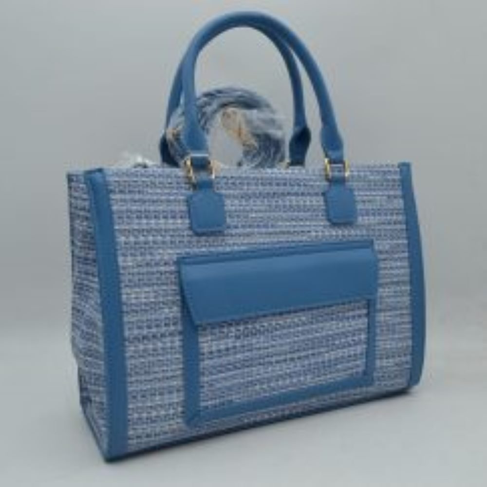 Woven Tweed Structured Laptop Tote Bag with Front Slip Pocket and Crossbody Strap
