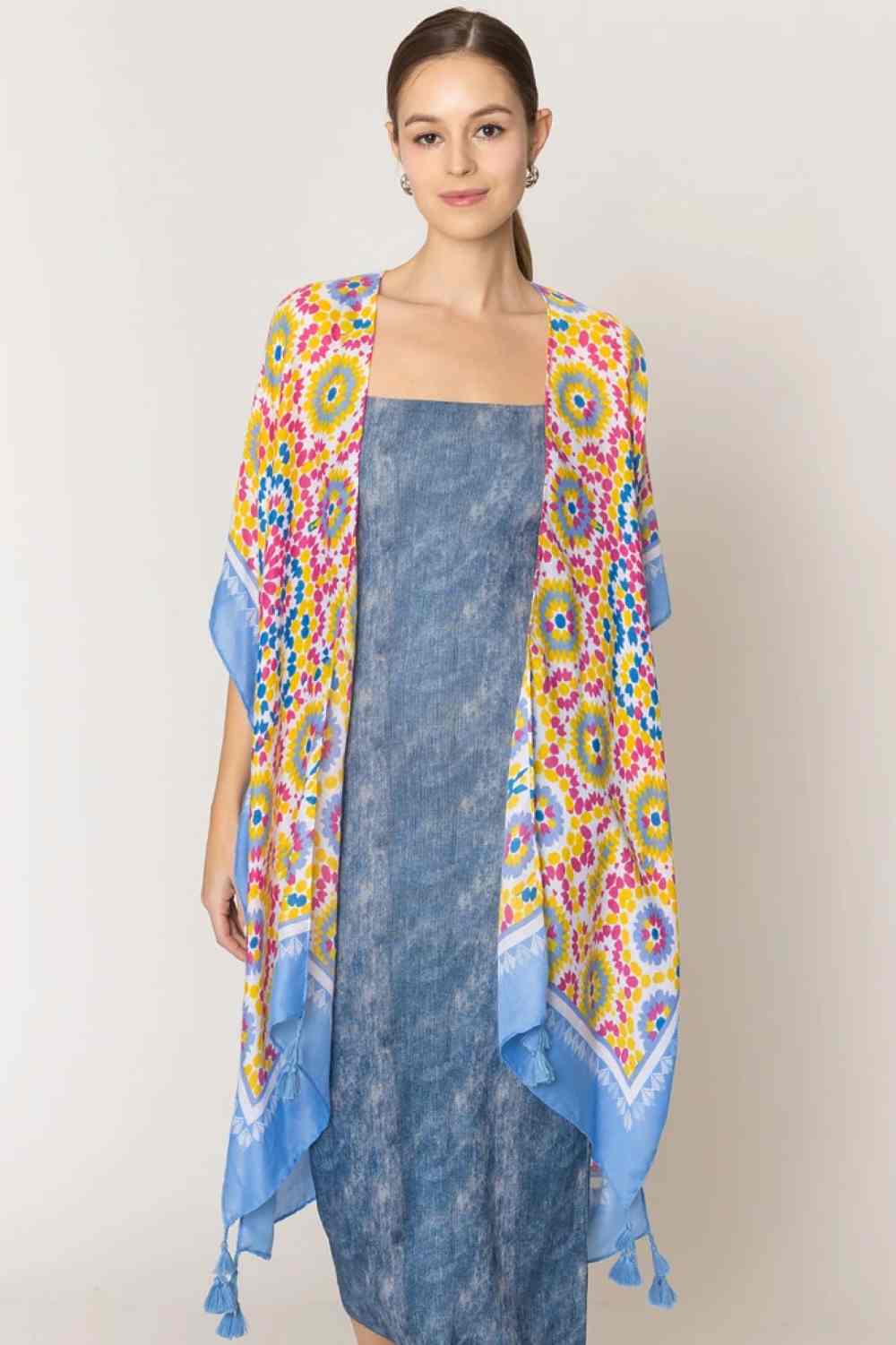 Tile Print Stripe Edge Tassel Kimono