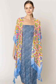 Tile Print Stripe Edge Tassel Kimono