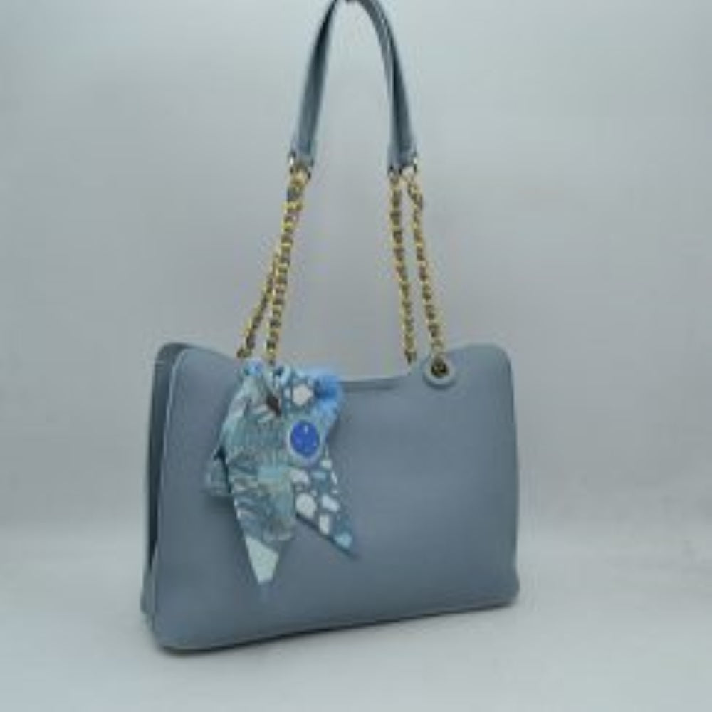 Elegant Textured Tote Bag with Chain Accent and Printed Scarf
