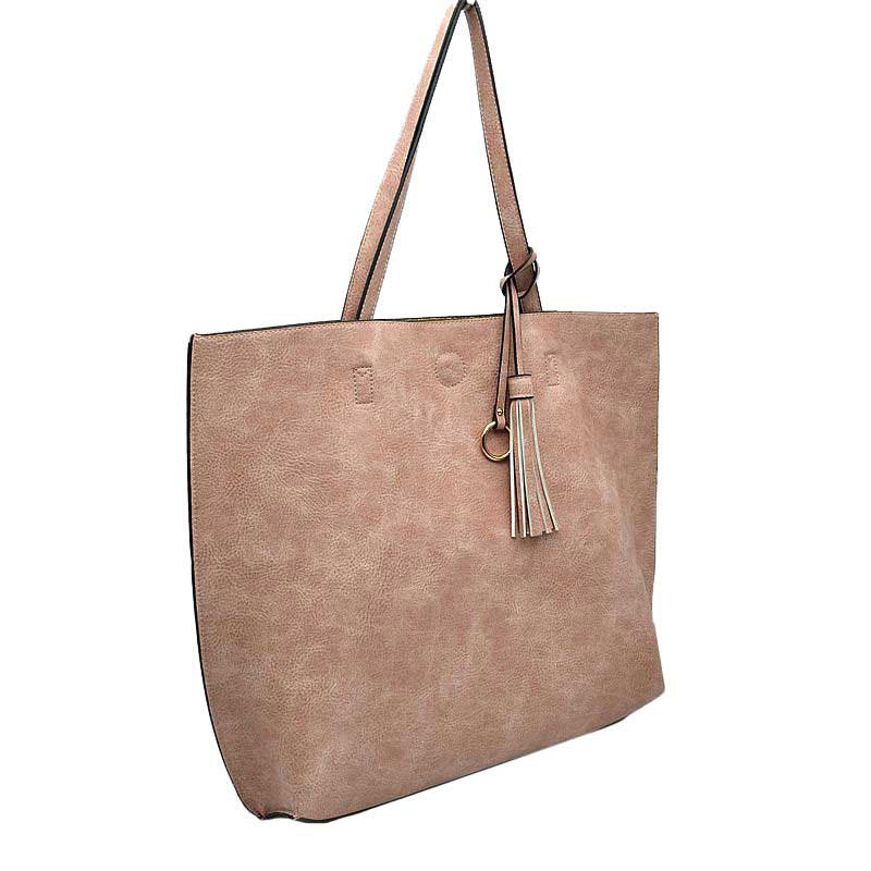 Reversible Faux Leather Tote Bag Vegan Tassel Handbag