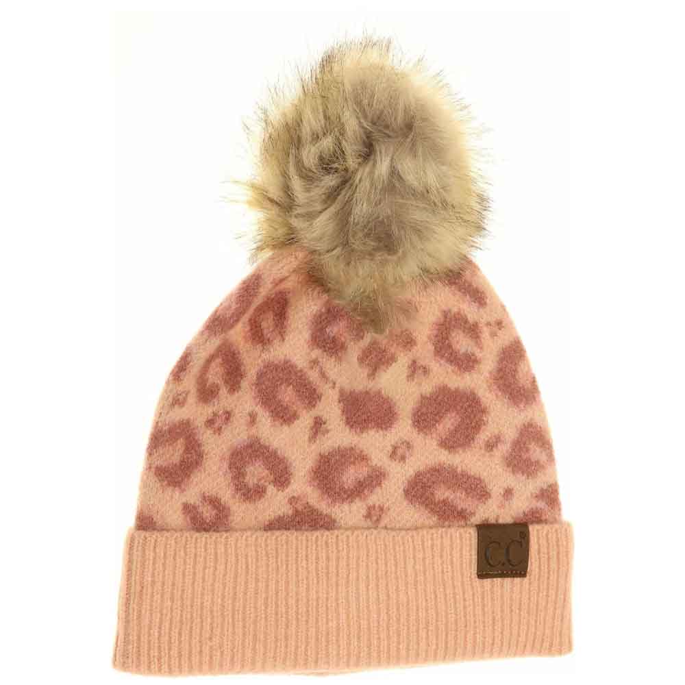 Leopard Pattern Faux Fur Pom C.C Beanie