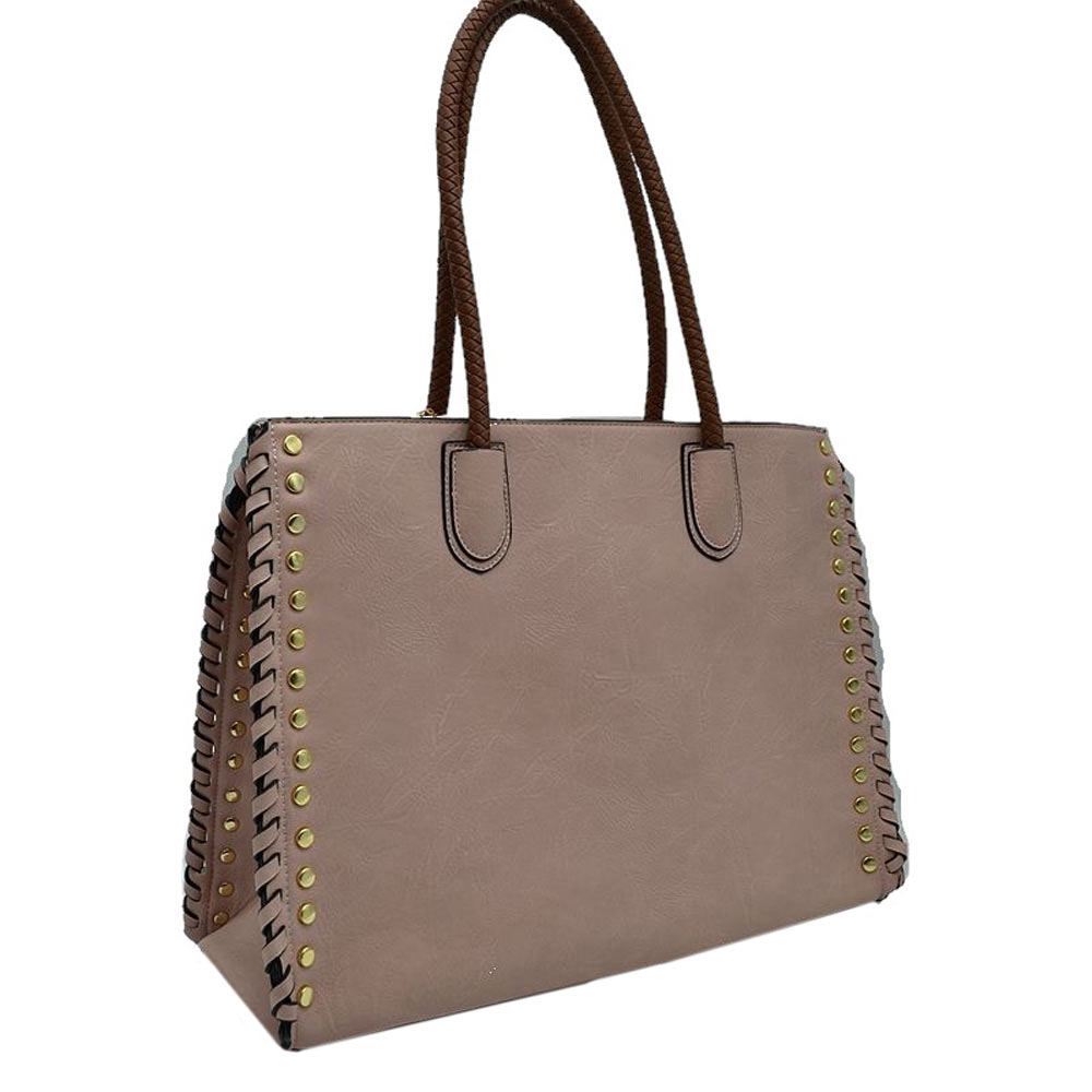 Women's Studded Faux Leather Whipstitch Shoulder Bag Tote