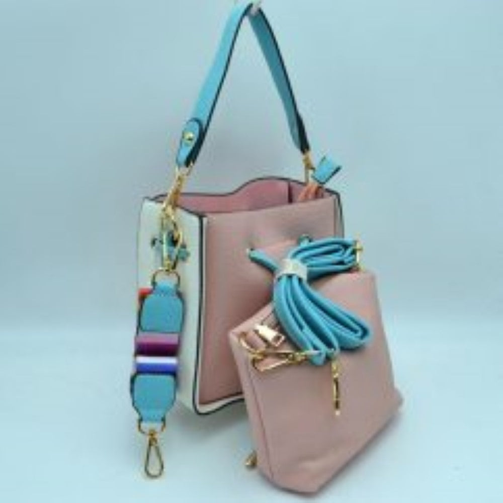 Color-Block Drawstring Bucket Bag with Multi-Strap Options