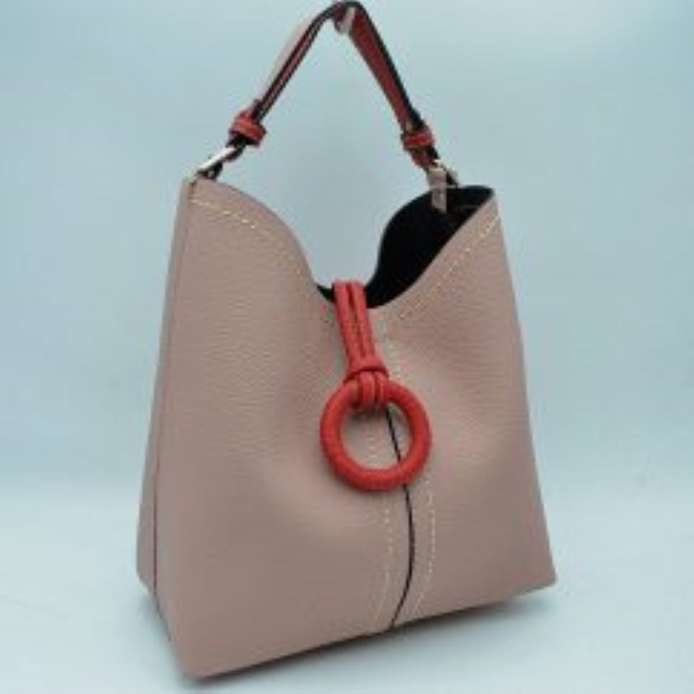 Pebbled Bucket Bag with Contrast Ring Accent and Top Handle
