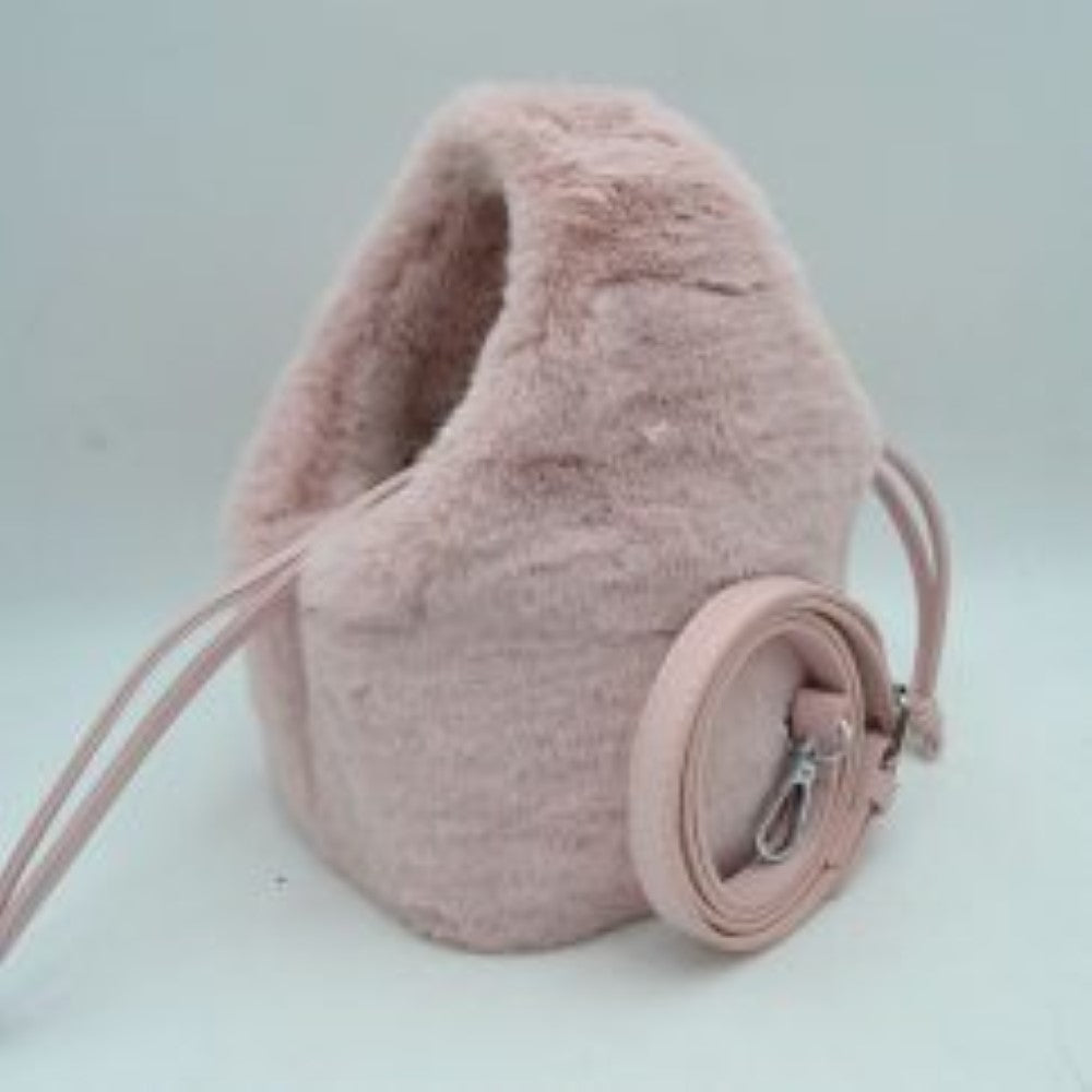 Plush Faux Fur Bucket Handbag with Drawstring and Removable Strap