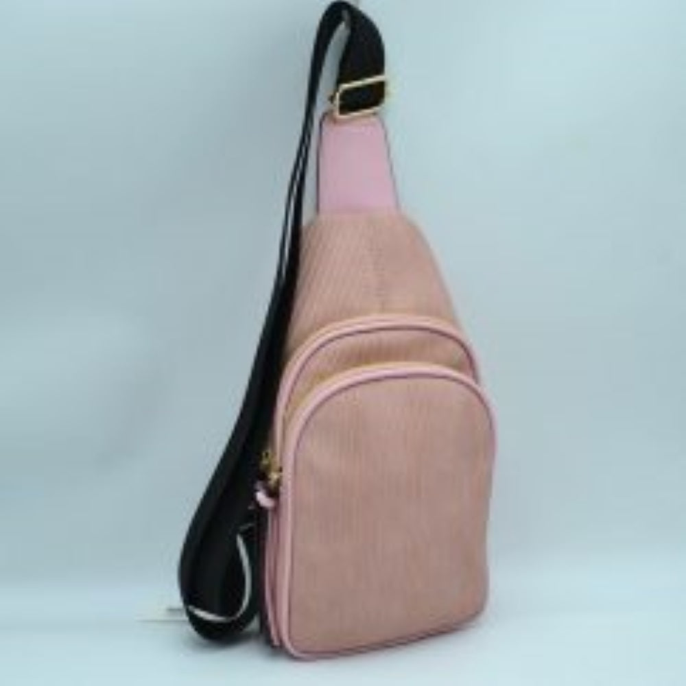 Ribbed Sling Bag with Tiered Zippers and Tassel Pulls