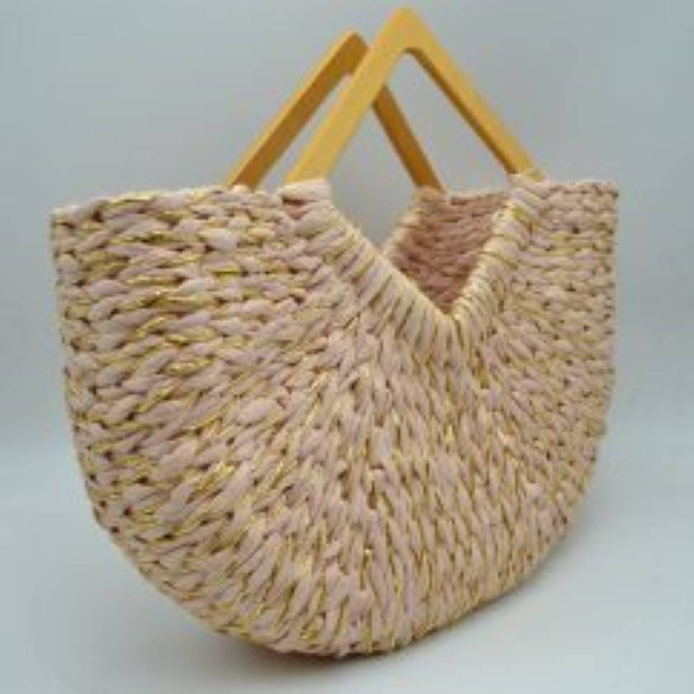 Woven Basket Tote Bag with Metallic Thread and Triangle Handles