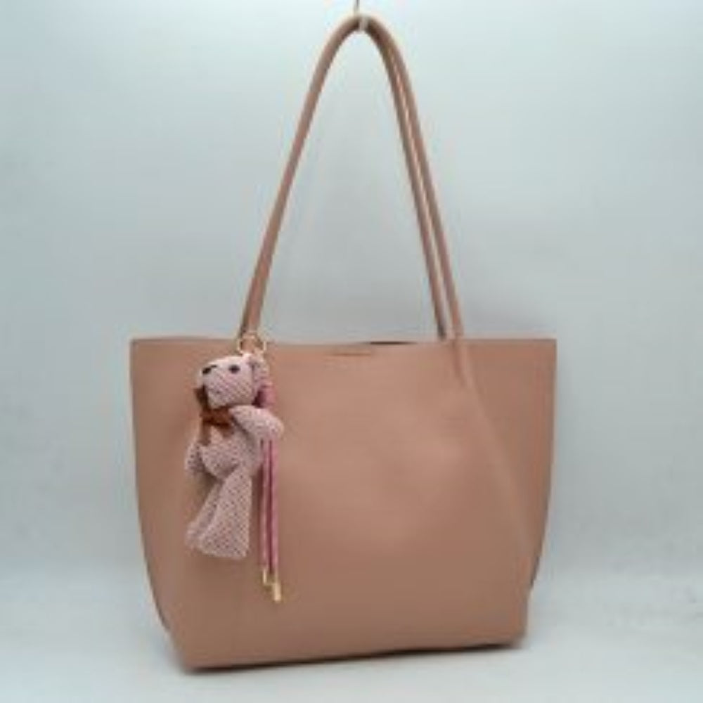 Pebbled Tote Bag with Dual Long Handles and Bear Charm Accent