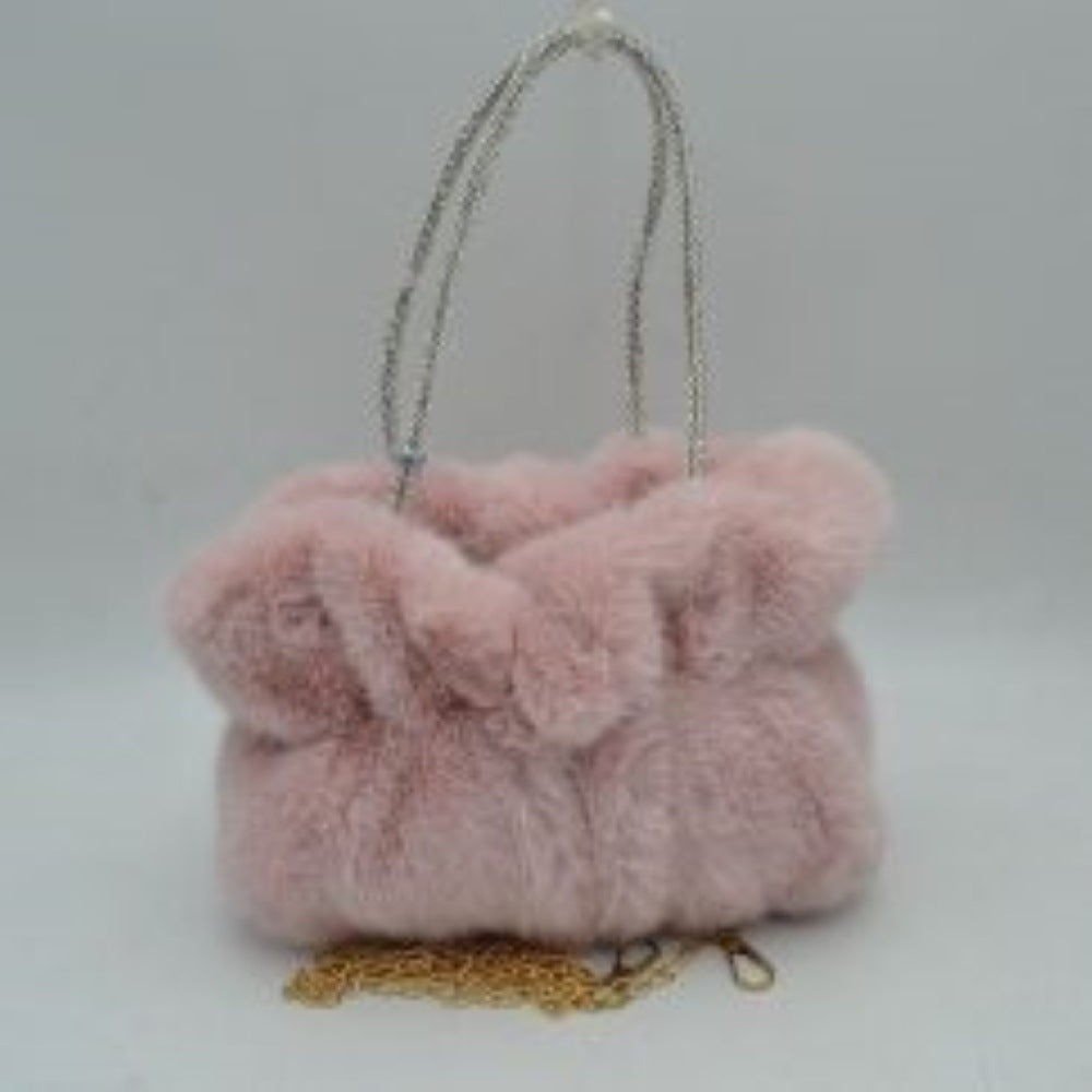 Plush Faux Fur Handbag with Rhinestone Handles and Chain Strap