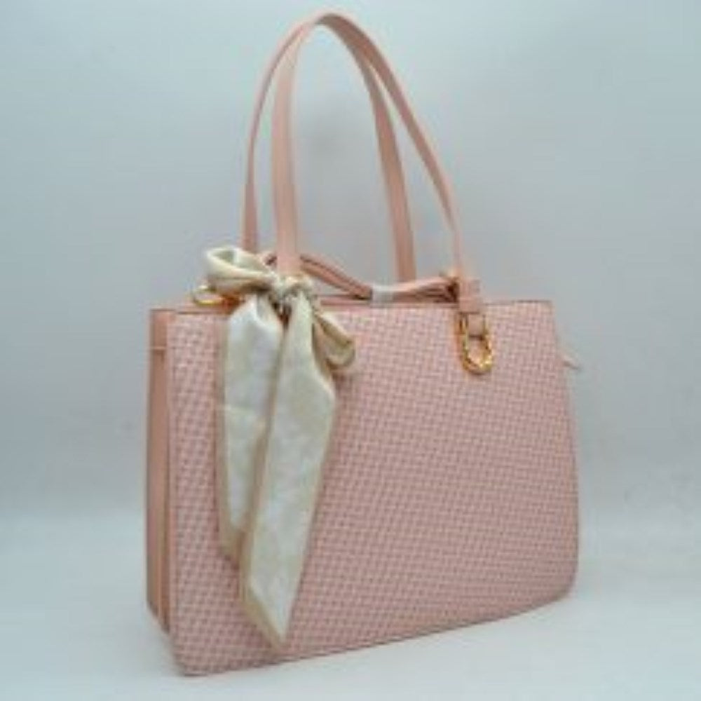 Woven Straw Satchel Bag with Detachable Shoulder Strap and Decorative Scarf Accent