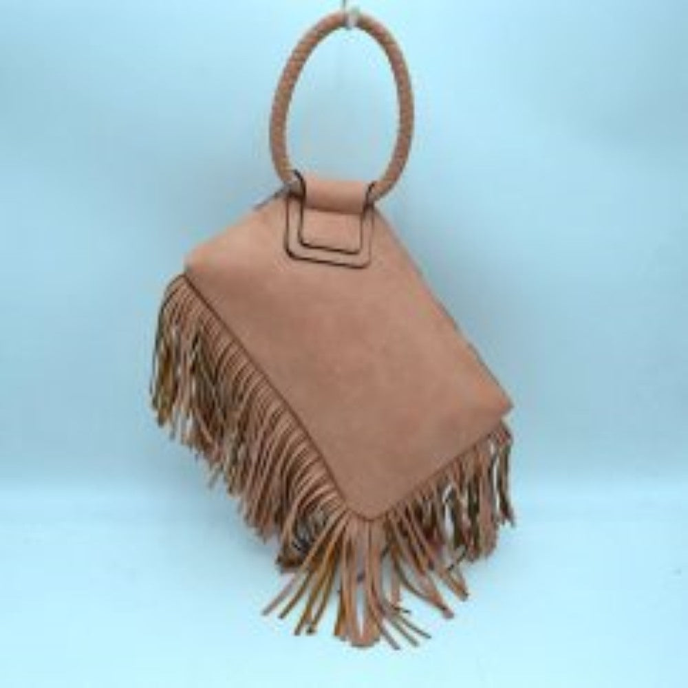 Fringe Accent Clutch Bag with Braided Circular Top Handle