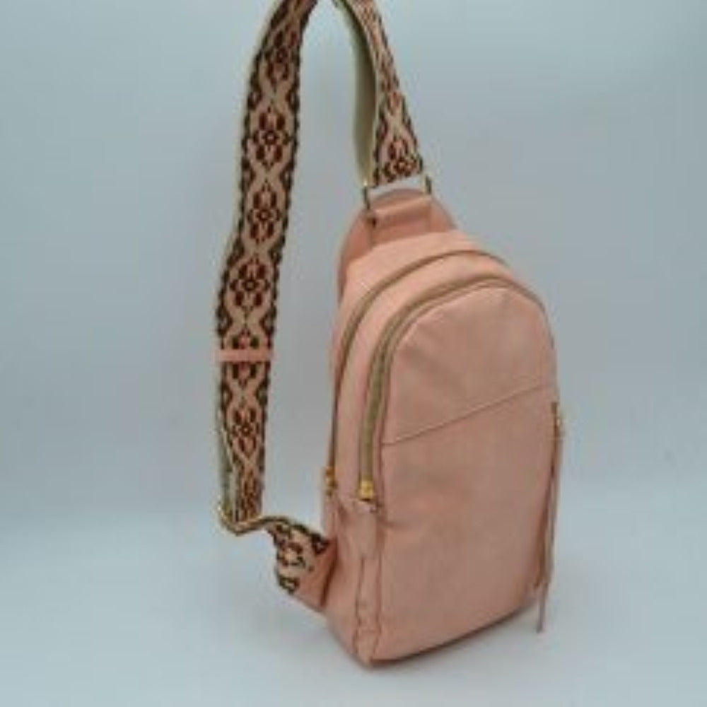 Multi-Zip Sling Backpack with Patterned Shoulder Strap