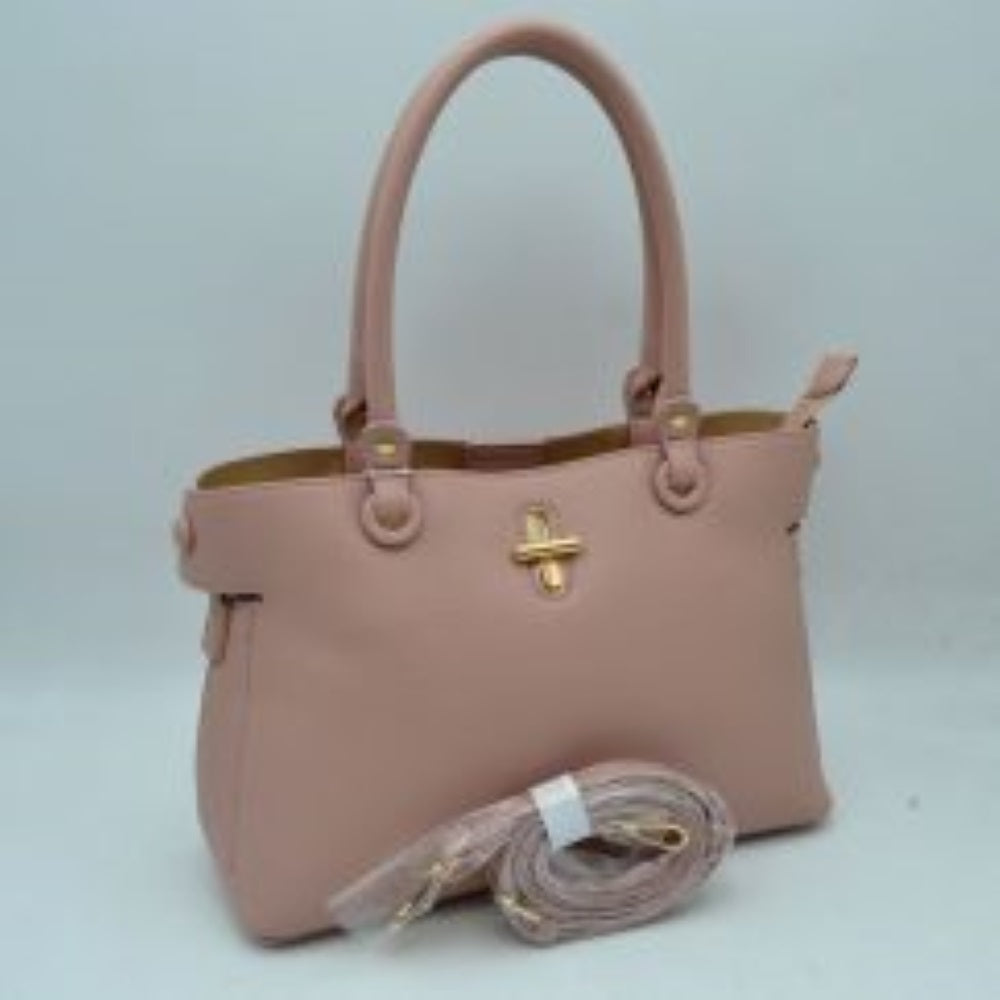 Textured Top Handle Handbag with Metallic Turn-Lock Accent
