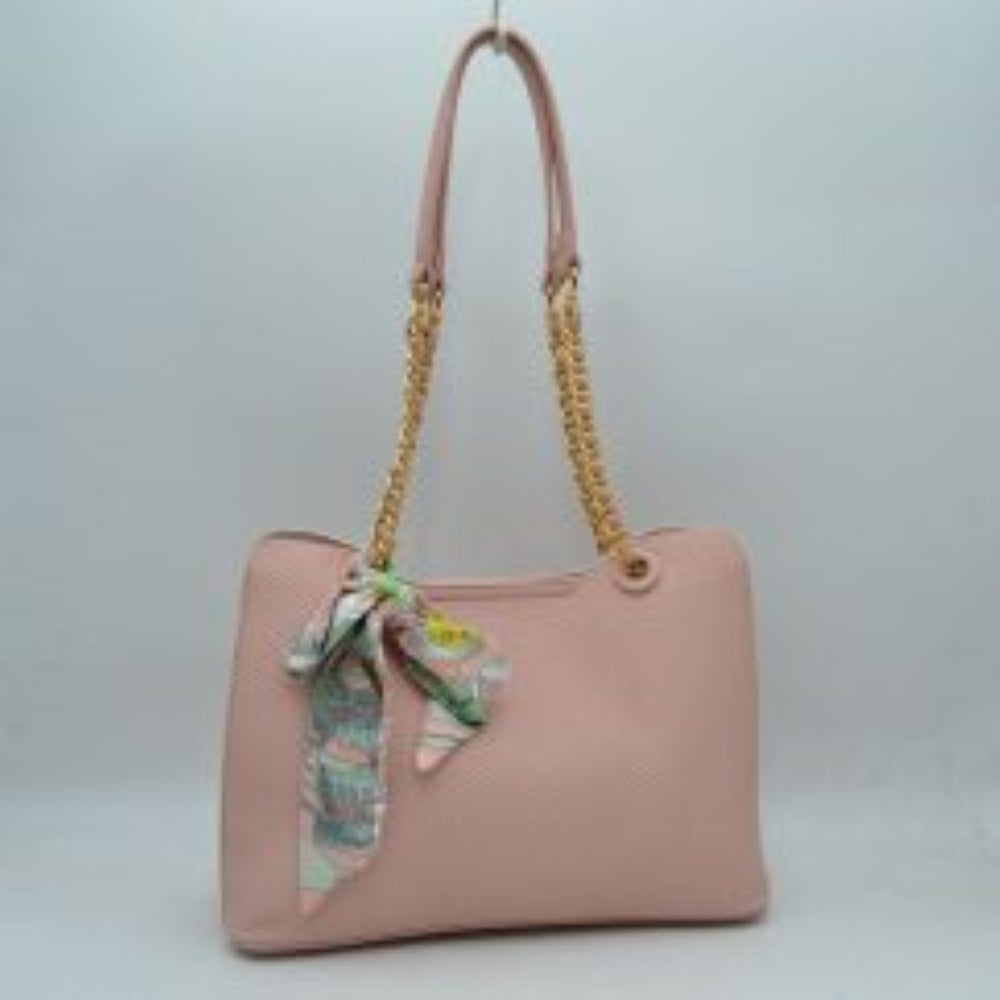 Elegant Textured Tote Bag with Chain Accent and Printed Scarf