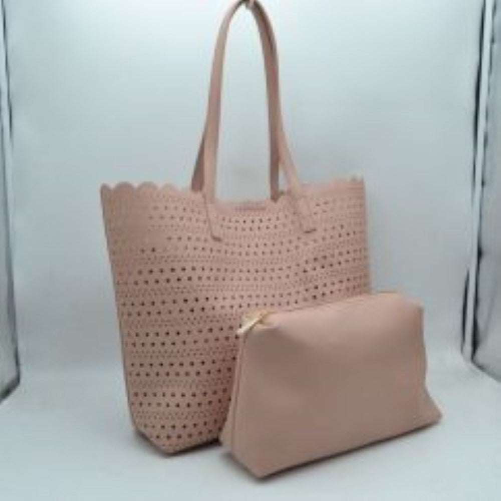 Laser-Cut Perforated Tote Bag with Scalloped Top Edge and Integrated Shoulder Straps