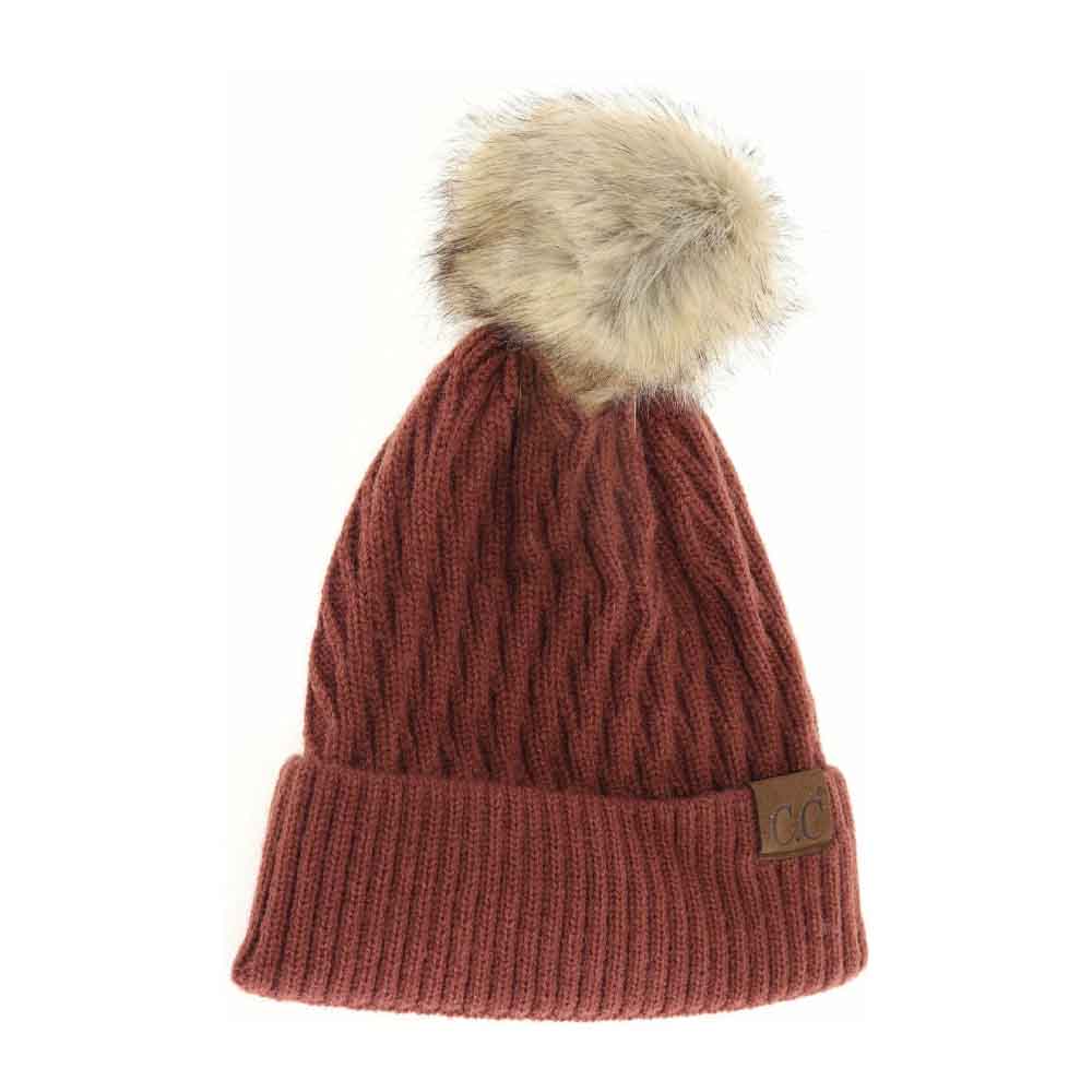 Solid Honey Comb Fur Pom C.C Beanie