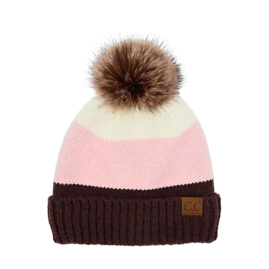 C.C Multi Color Block Stripes Pom Beanie
