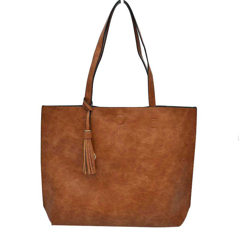 Reversible Faux Leather Tote Bag Vegan Tassel Handbag