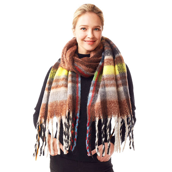 Plaid Check Patterned Soft Fuzzy Knit Oblong Scarf