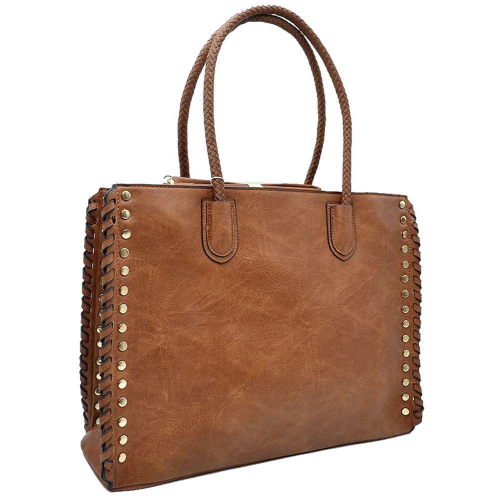 Women's Studded Faux Leather Whipstitch Shoulder Bag Tote