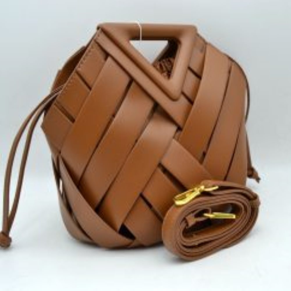 Geometric Wide Weave Bucket Bag with Triangular Top Handle