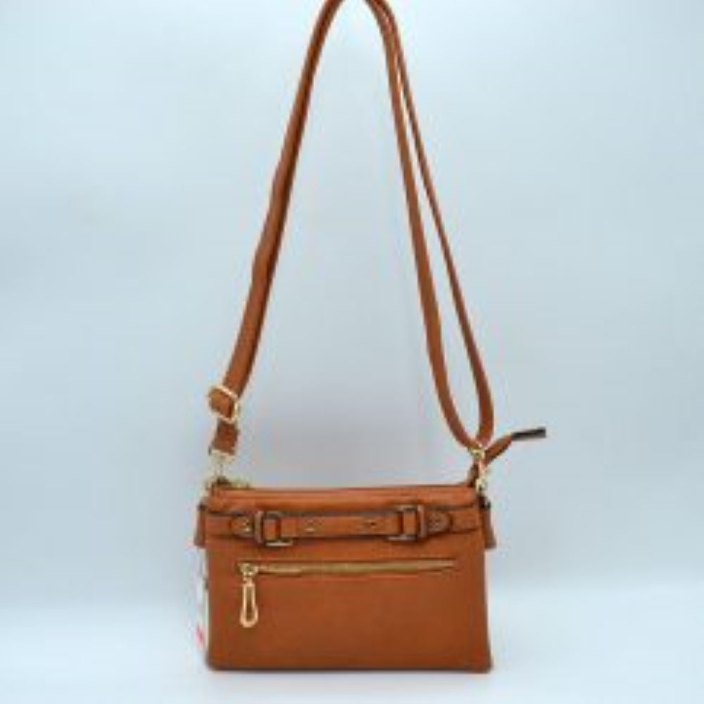 Multi-Zipper Crossbody Bag with Adjustable Strap and Gold Hardware